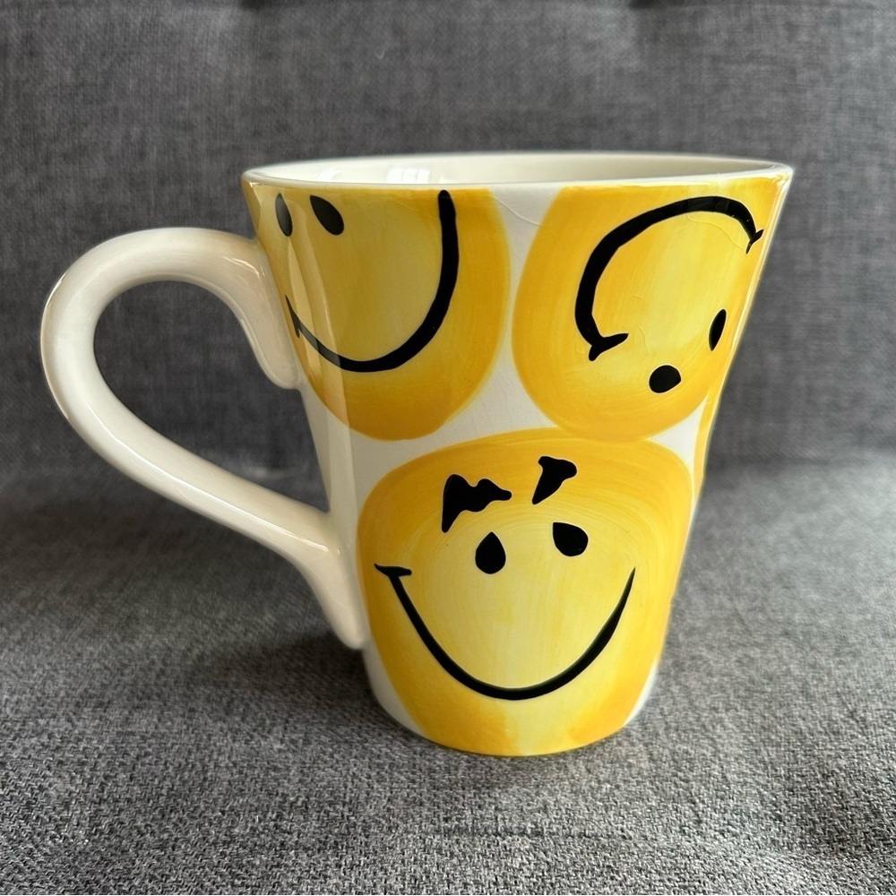 Smiley Face Emoji Covered Coffee Mug, Yellow, White, 15 oz - Picture 5 of 14
